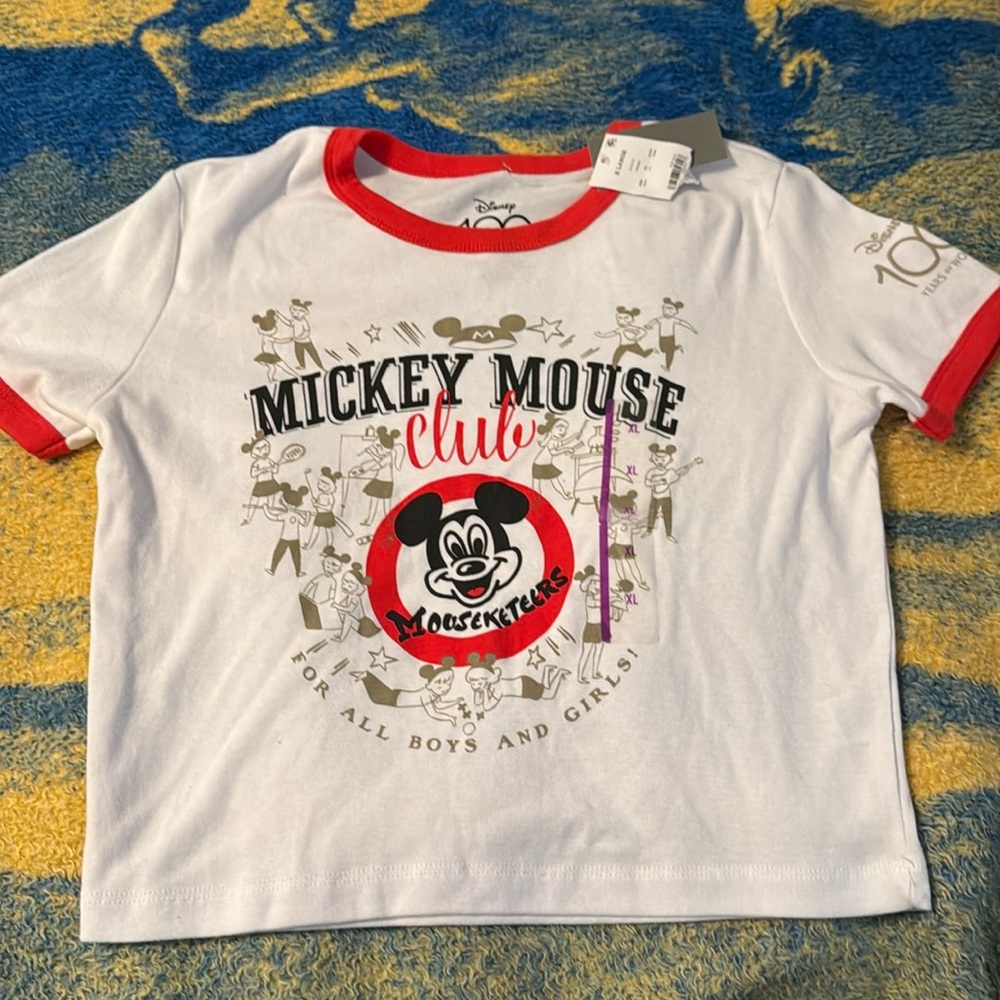 Disney Mickey Mouse Ringer Tee White 100 year anniversary crop NWT